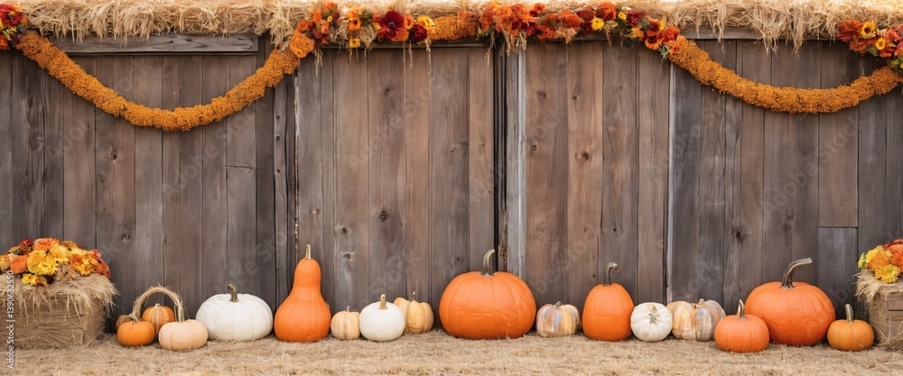 Autumn-Themed Background Backdrop Fall Flowers, Pumpkins, Gourds, Hay Bales,