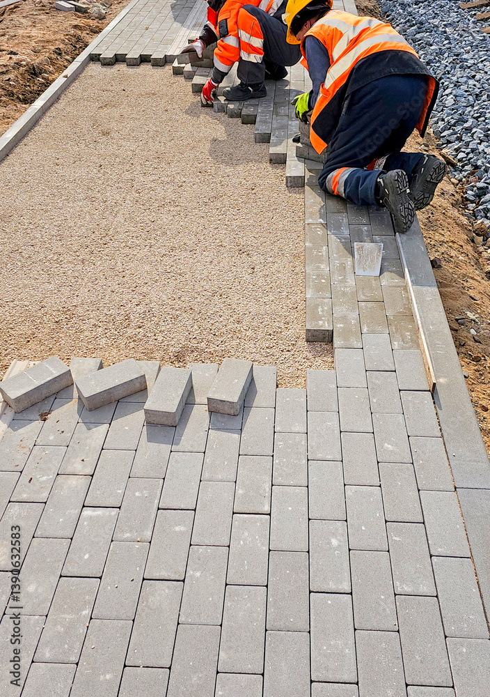 Workers laying paving slabs at a new road construction site.