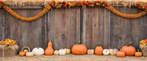 Obraz na płótnie Autumn-Themed Background Backdrop Fall Flowers, Pumpkins, Gourds, Hay Bales, w salonie