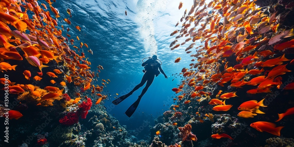 A diver glides gracefully through a vibrant underwater world. Colorful fish surround, creating a stunning scene. This image captures the beauty of marine life. AI