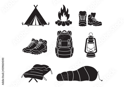 Camping gear silhouette icons - Set of six outdoor camping icons featuring tents, boots, and backpacks