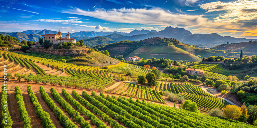 Lush green vineyards stretch across the hills, illuminated by the warm glow of the setting sun. A historic castle overlooks the landscape, creating a picturesque scene in the countryside Lush green vineyards stretch across the hills, illuminated by the warm glow of the setting sun. A historic castle overlooks the landscape, creating a picturesque scene in the countryside