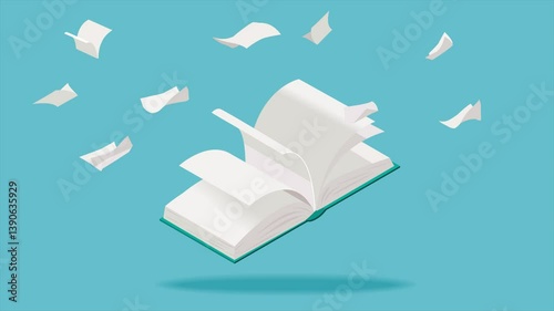 Open book with flying white pages, in isometric perspective. 2D animation