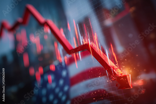 Red arrow diagraphs showing big money stock market crash and recession, blurred US flag in the background