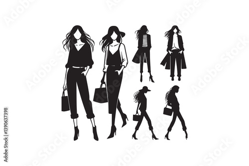 Symbol of simple fashion shopping  girl icon silhouette in a simple, minimalist vector on a white background