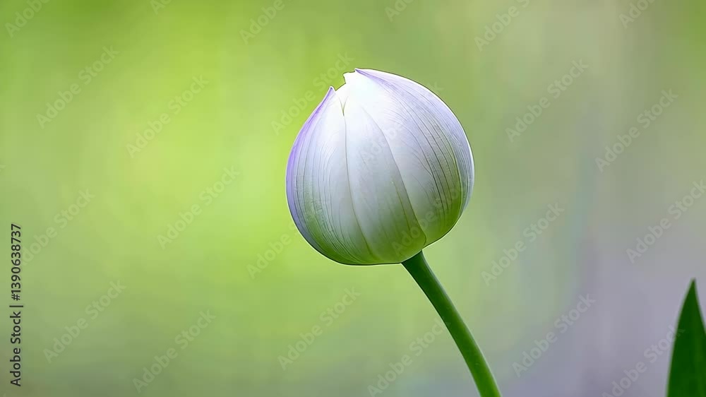White lotus bud on a slender stem swaying gently in soft light of early morning White lotus bud on a slender stem swaying gently in soft light of early morning