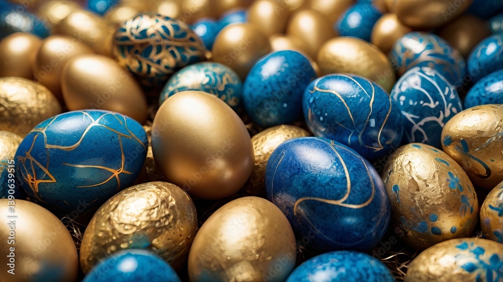 Fototapeta premium Close-Up of Gold and Blue Easter Eggs in Decorative Frame – Festive Photorealistic Background