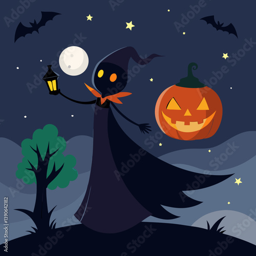 Vector art illustration with Halloween pumpkin and bats