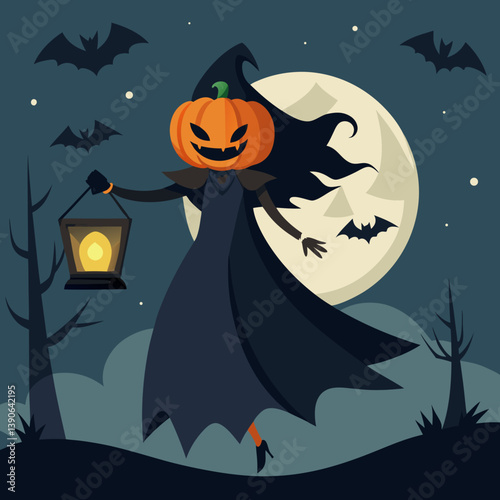 Vector art illustration with Halloween pumpkin and bats