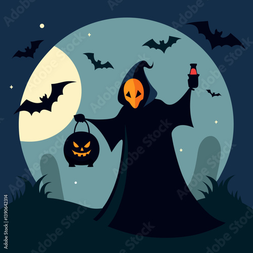 Vector art illustration with Halloween pumpkin and bats