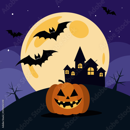 Vector art illustration with Halloween pumpkin and bats