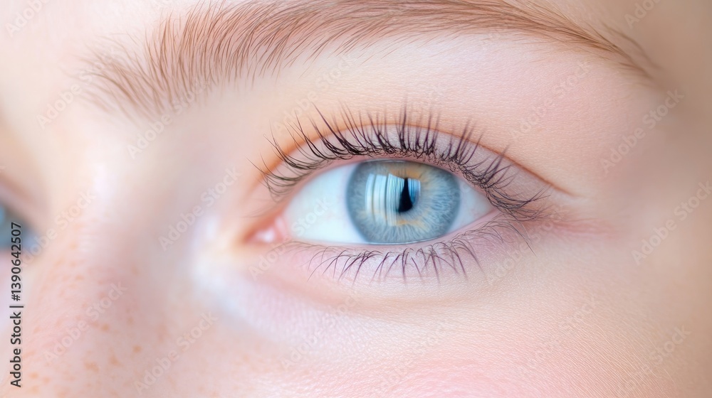 Fototapeta premium A close-up view of a human eye with long eyelashes, soft natural lighting highlighting the iris, detailed macro shot, and focus on eye.