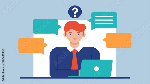 Client FAQ Session An illustration showing a lawyer answering frequently asked questions during a live webinar with a chat overlay highlighting questions from participants.
