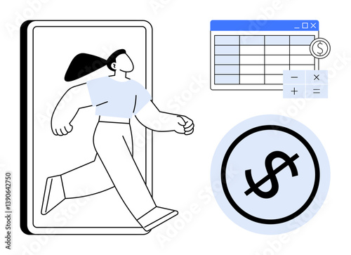 Woman stepping out of phone screen, spreadsheet with calculations and dollar sign. Ideal for finance, technology, online banking, budgeting, innovation, digital transformation, flat simple metaphor