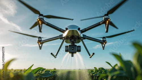 A drone spraying a crop field, showcasing innovative agricultural and farming practices.