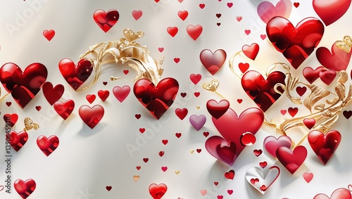 A romantic display of red and pink hearts with delicate gold accents on an off-white backdrop.