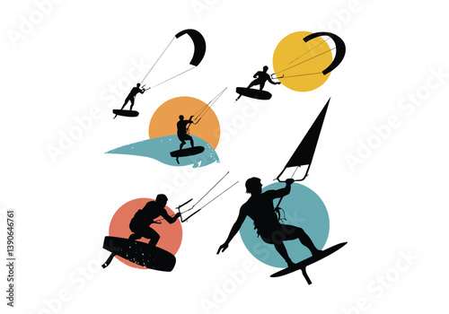 Kitesurfing silhouette icons - Set of six action poses with kites and surfboards for water sports designs