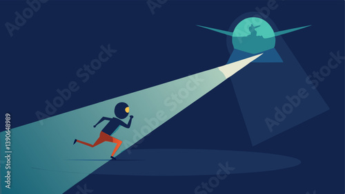 Night Chase A running character casting a long shadow on the ground with the helicopter spotlight creating a dramatic contrast against the night sky.