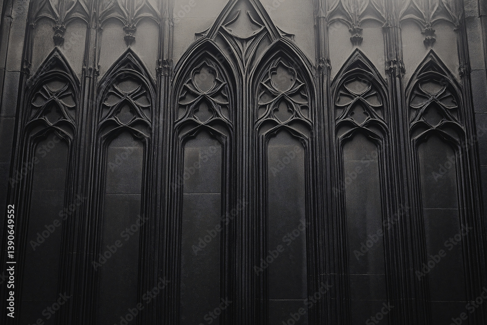 Naklejka premium Architectural Elegance: An image of intricate gothic architecture, the dark lines and patterns forming a symmetrical harmony, the arched designs exuding a timeless character.