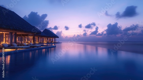 Tranquil Sunset Overwater Bungalows with Infinity Pool in Serene Tropical Paradise