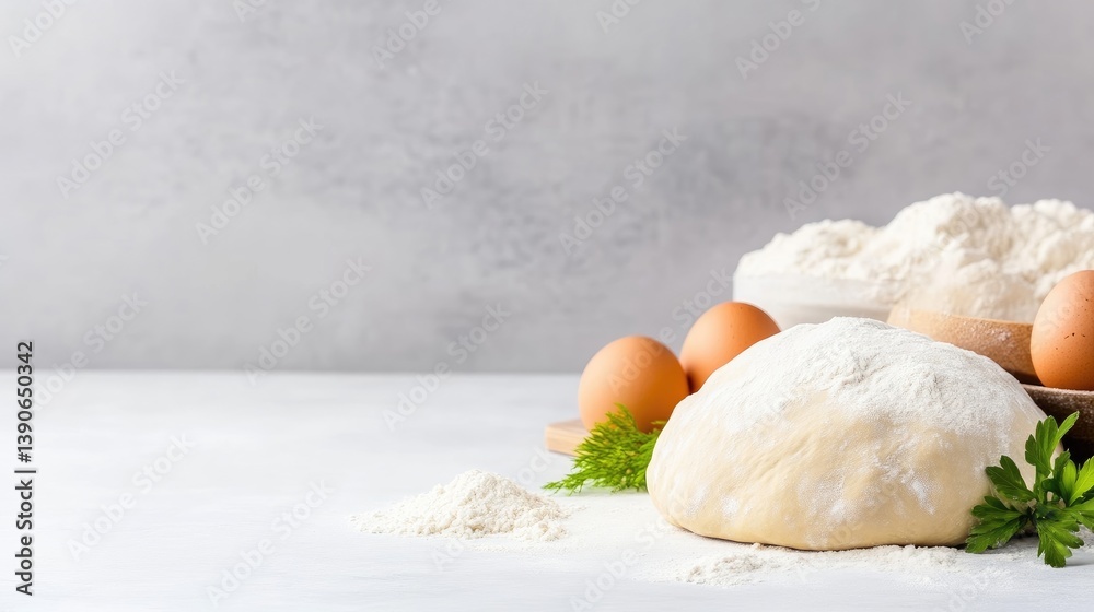 Fresh dough, flour, and eggs ready for baking. A close-up view of ingredients for bread or pastry preparation Fresh dough, flour, and eggs ready for baking. A close-up view of ingredients for bread or pastry preparation