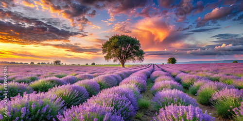 Lavender fields stretch infinitely under a colorful sunset, with rows of blooming lavender plants leading to a single tree