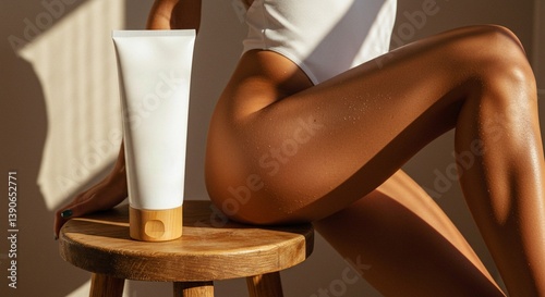A white tube of suntan oil with stands on a wooden stool. Next to it is a tanned leg with bronze skin, a girl dressed in a white swimsuit with a high cut cut