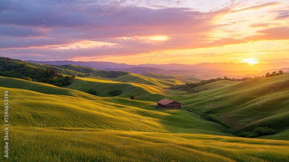 Obraz premium A serene rural landscape at sunset, with rolling hills, a small wooden barn, and a vibrant sky