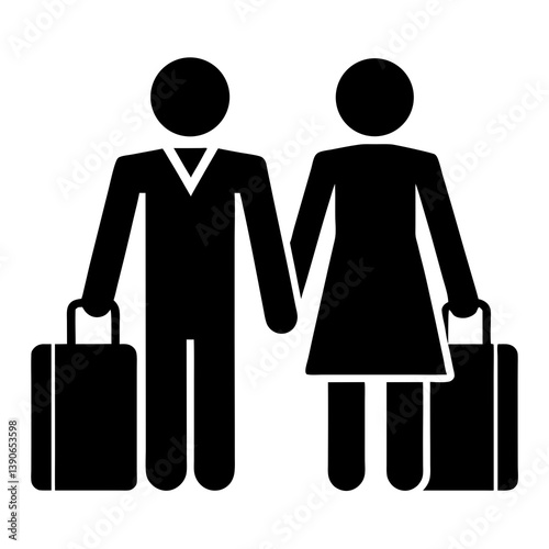Traveling Couple Icon With Luggage Black Silhouette Simple Vector Illustration
