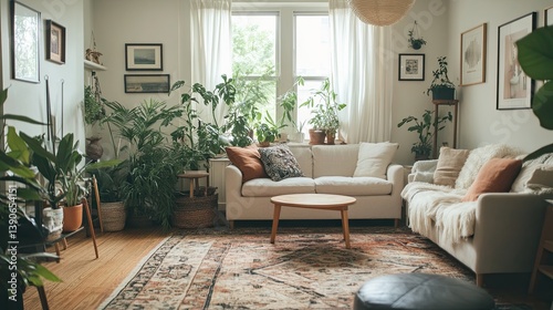 Obraz na płótnie A bright hygge living room rich with minimal Scandinavian accents w salonie