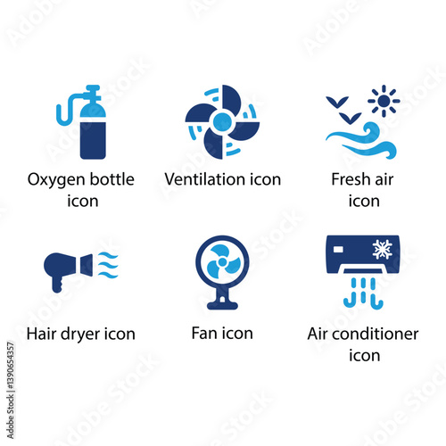 Oxygen bottle, Ventilation, Fresh air, Hair dryer, Fan, Air conditioner, Blue Icon Set