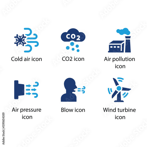 Cold air, CO2, Air pollution, Air pressure, Blow, Wind turbine, Blue Icon Set