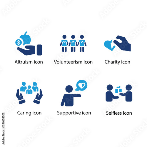 Altruism, Volunteerism, Charity, Caring, Supportive, Selfless, Blue Icon Set