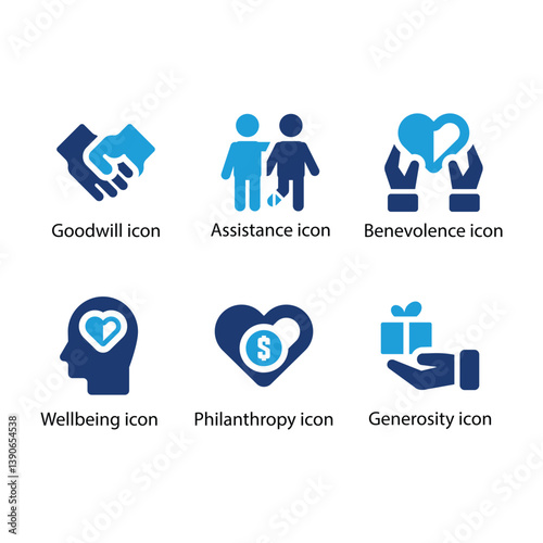 Goodwill, Assistance, Benevolence, Wellbeing, Philanthropy, Generosity, Blue Icon Set