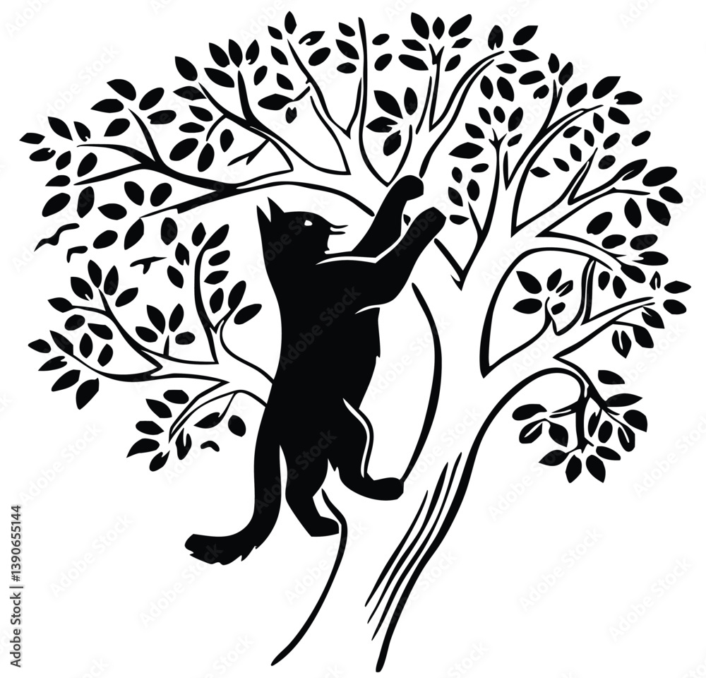 Fototapeta premium Cat Climbing Tree Silhouette Illustration: Detailed Black and White Feline in Nature Scene with Leafy Branches