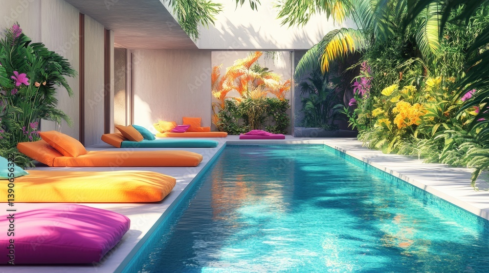Obraz premium Tranquil Modern Oasis with Colorful Lounge Chairs, Relaxing Pool and Lush Tropical Plants in a Bright Sunlit Environment