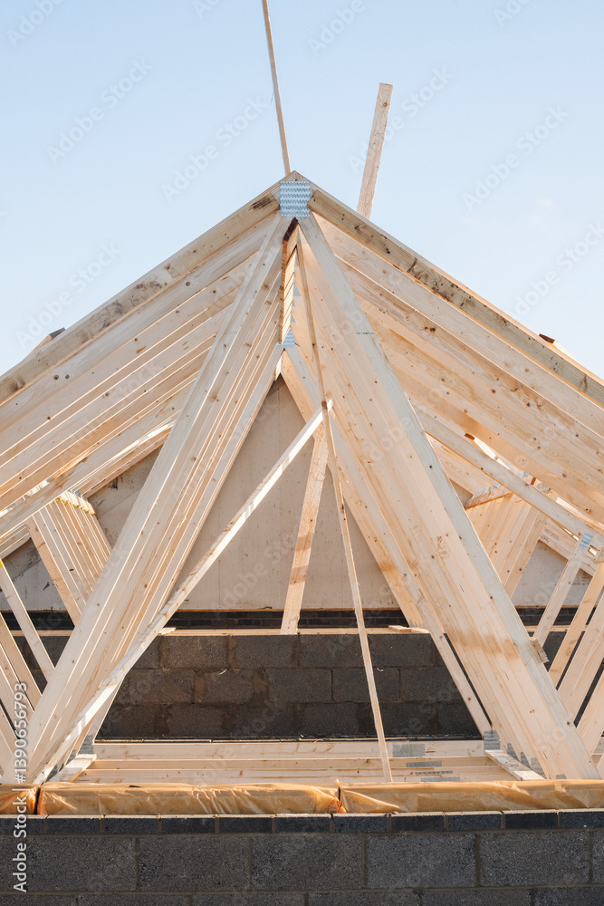 Construction of wooden joist roof structure with beams and trusses Construction of wooden joist roof structure with beams and trusses