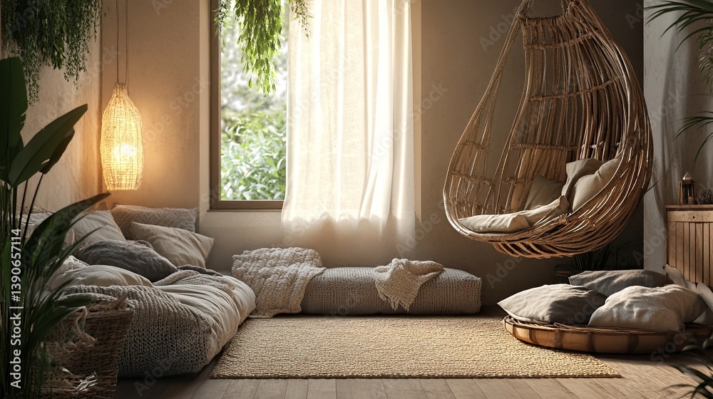 A calming hygge room featuring low seating with layered cushions and soft chunky blankets