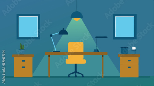 Empty Workspace A home office with various empty chairs and a single desk lamp lit highlighting the absence of colleagues and collaboration.