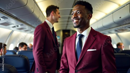 Portrait of a black steward in a maroon uniform on an airplane. Serving passengers on board an airplane

