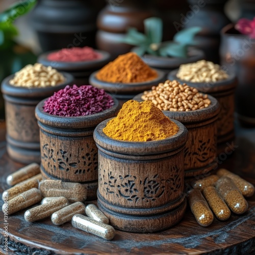 Triphala powder and Ayurvedic supplements displayed with wooden textures
