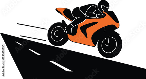 A low-poly vector art image of a bright orange and Silhouette black racing motorcycle with a helmeted rider leaning forward, performing a wheelie with the front wheel raised