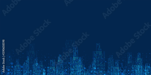 Cityscape on blue background with bright glowing neon. Technology city background