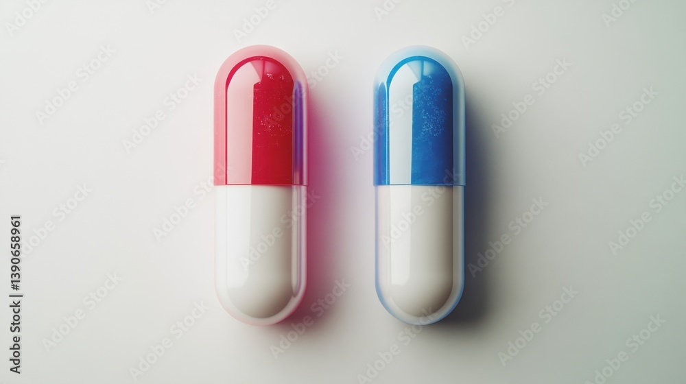 Red and Blue Capsules on White Background Representing Health and Choice Concept Red and Blue Capsules on White Background Representing Health and Choice Concept