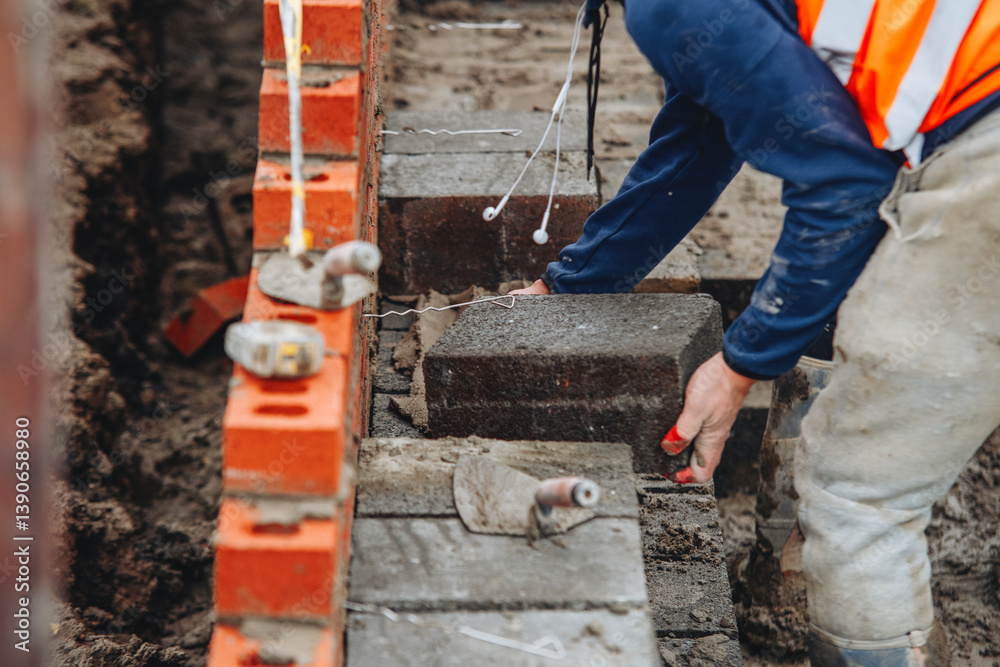 Bricklayer laying bricks on building site 
