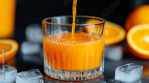 Vibrant orange juice cascading over ice, delivering cool, citrusy refreshment during sweltering summer moments