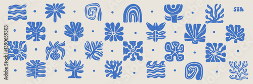 Flat abstract mediterranean shapes set, vector hand drawn blue signs, summer logo. Minimalistic sea natural design objects, naive vacation creative figure, sun, flower. Abstract textured vector design