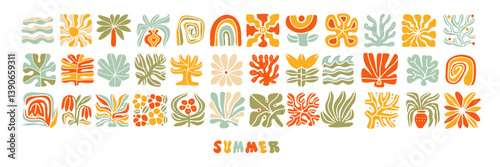 Groovy naive abstract summer art set. Organic floral, sea, beach doodle shapes in trendy minimal retro hippie 60s 70s style. Botanic hand dtawb vector illustration