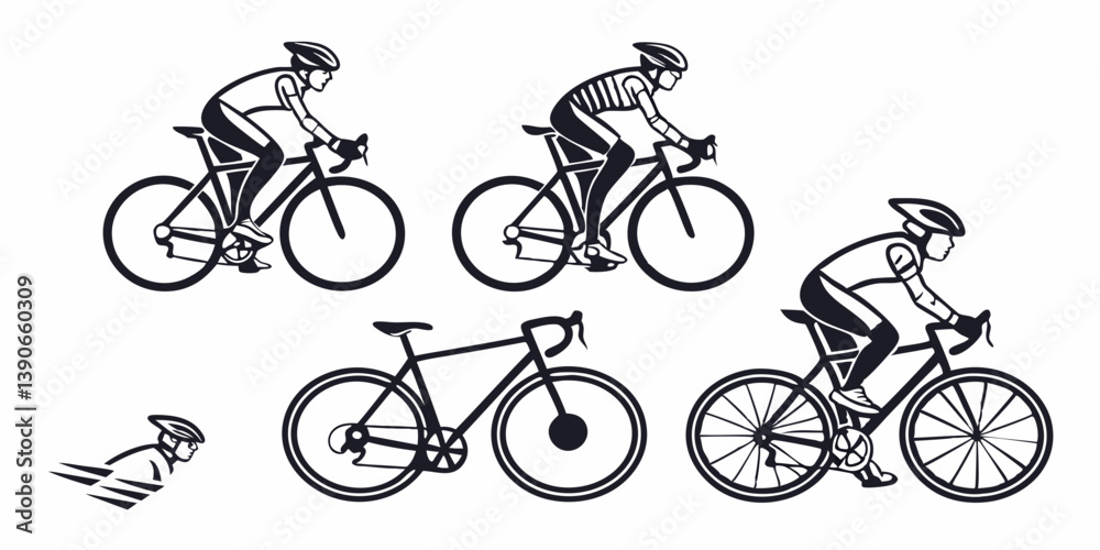 Vector Black and White Cyclists Bikes Graphic Sport Exercise Recreation Cycling Helmets Wheels Illustration Art