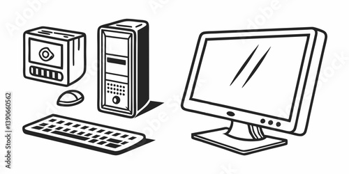 Black and White Line Art Computer Desktop Setup Monitor Keyboard Mouse Tower PC Illustration photo